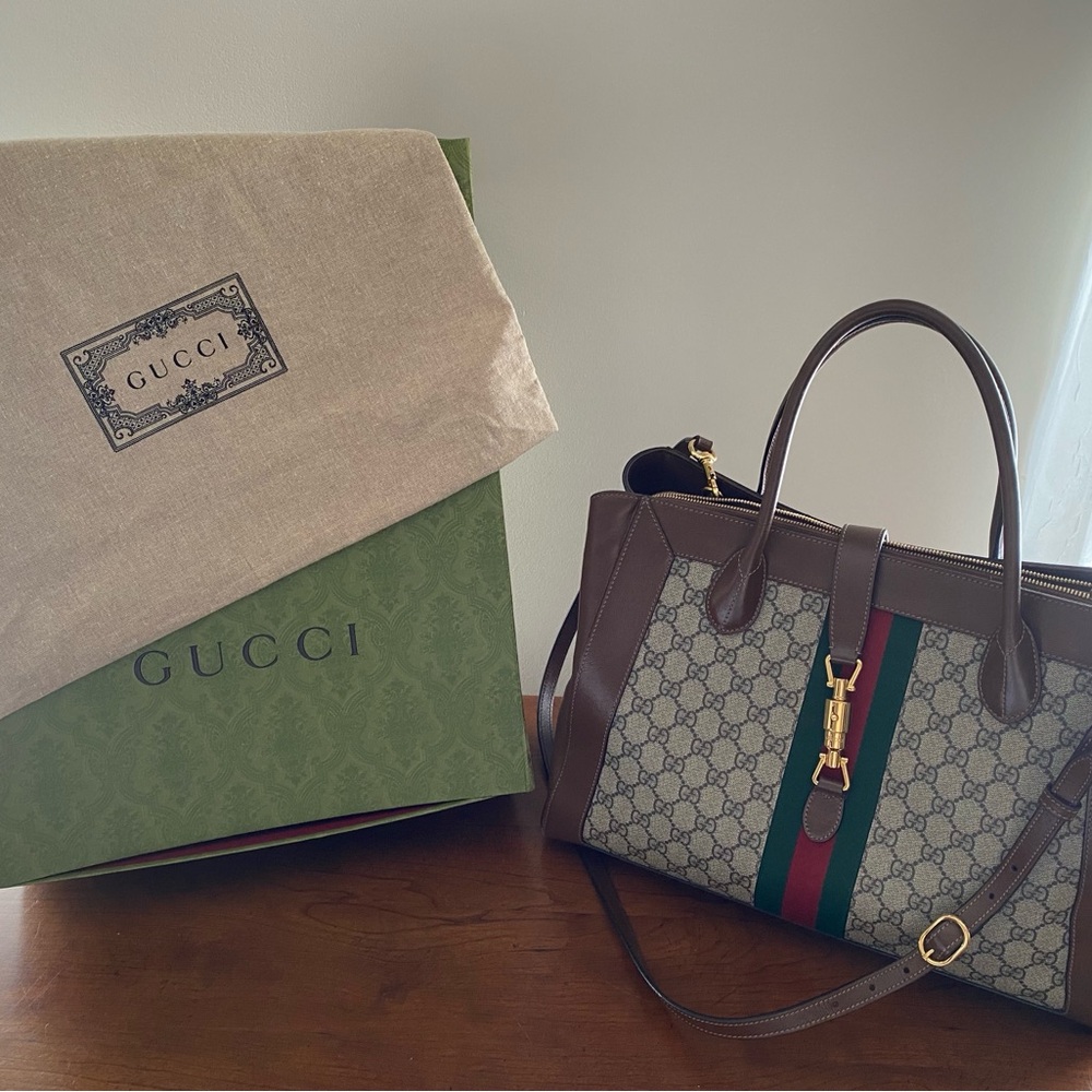 Gucci GG Supreme Canvas and Brown Leather Shoulder Bag with Signature Stripe - Picture 5 of 6